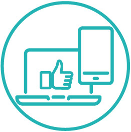 Icon of laptop, mobile and thumbs up symbol.