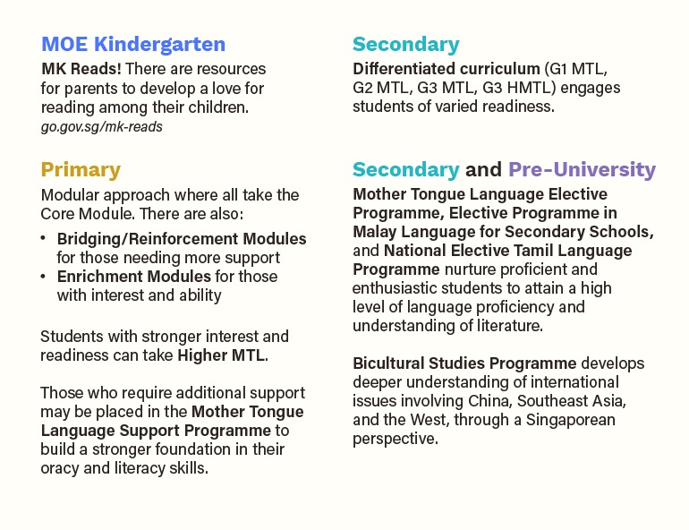 Overview of language programmes from MOE Kindergarten to Pre-University, including support modules, Higher MTL, language electives, and bicultural studies to cater to students' varying needs and interests.