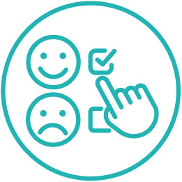 Icon of happy and sad faces with a hand selecting a checkbox