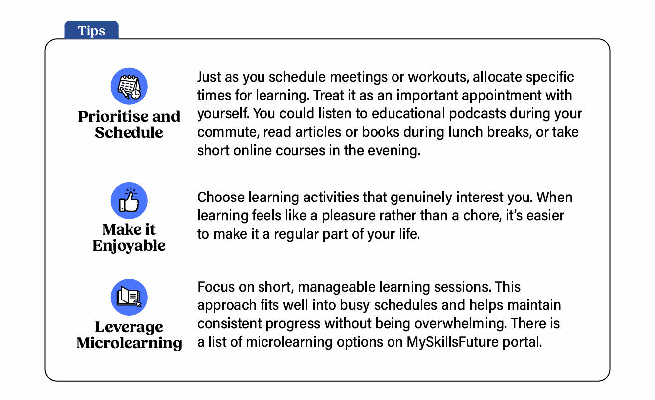 Tips for effective learning: prioritise and schedule learning time, make learning enjoyable, and use microlearning for steady progress.