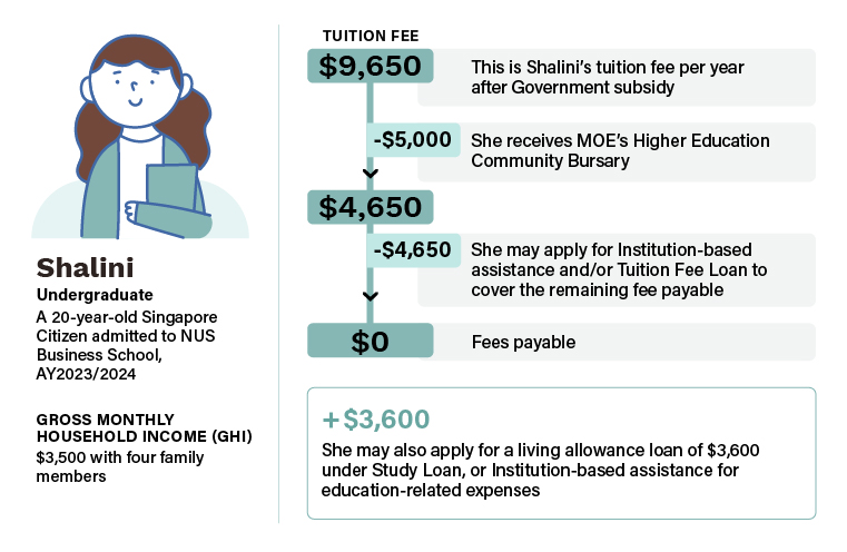 Example: Shalini, an undergraduate student. Her tuition fee of $9,650 (after government subsidy) is covered by $5,000 bursary and $4,650 in loans/institutional aid. Additional $3,600 living allowance loan available.