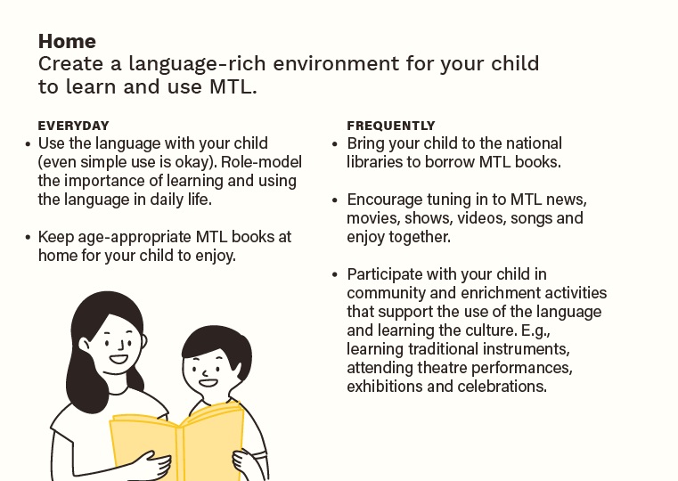 Tips for parents to create a language-rich home environment for childern to use their Mother Tongue Language (MTL) daily through books, media, and cultural activities.
